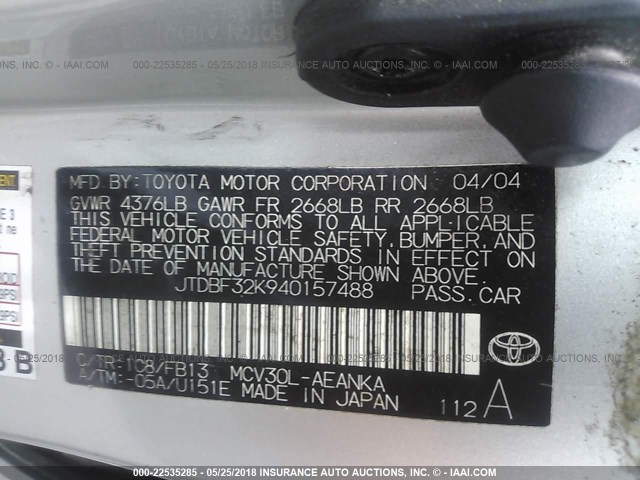 JTDBF32K940157488 - 2004 TOYOTA CAMRY LE/XLE SILVER photo 9