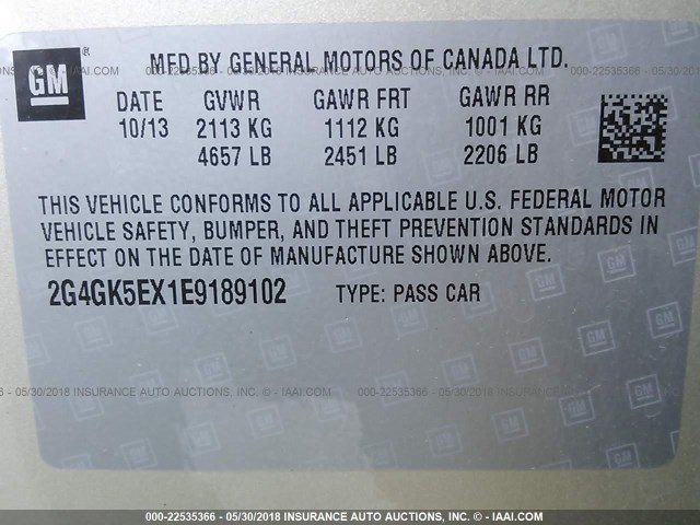 2G4GK5EX1E9189102 - 2014 BUICK REGAL GOLD photo 9