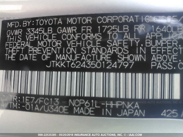 JTKKT624350124797 - 2005 TOYOTA SCION XA SILVER photo 9