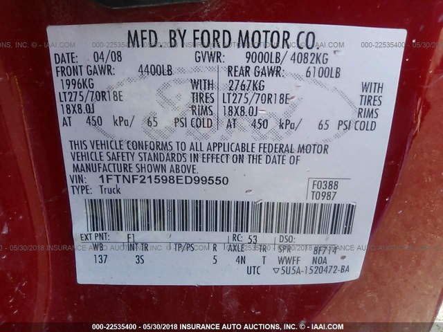 1FTNF21598ED99550 - 2008 FORD F250 SUPER DUTY RED photo 9
