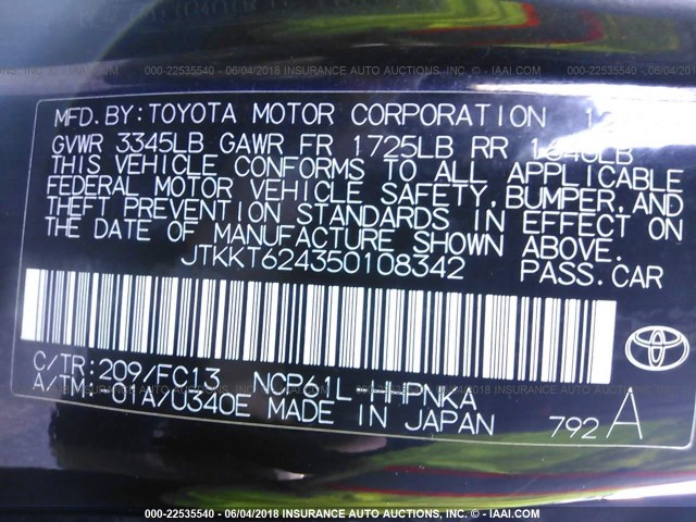 JTKKT624350108342 - 2005 TOYOTA SCION XA BLACK photo 9