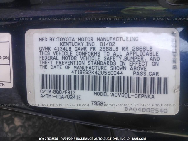 4T1BE32K42U550044 - 2002 TOYOTA CAMRY LE/XLE/SE ლურჯი ფოტო 9