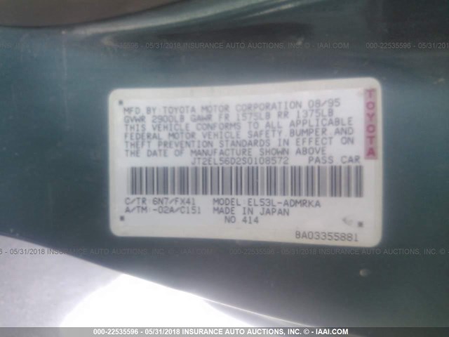 JT2EL56D2S0108572 - 1995 TOYOTA TERCEL DX GREEN photo 9