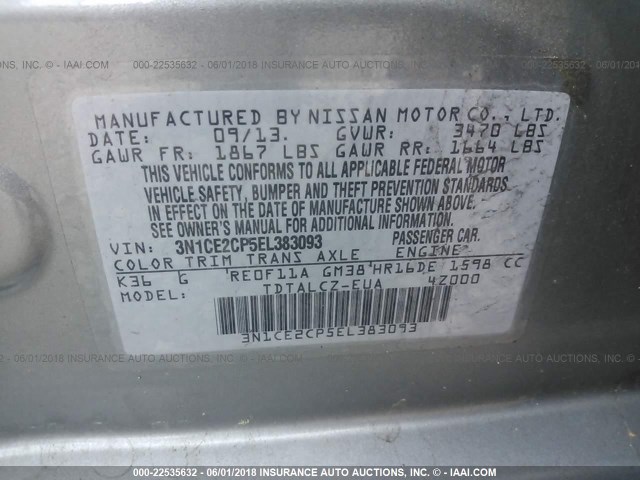 3N1CE2CP5EL383093 - 2014 NISSAN VERSA NOTE S/S PLUS/SV/SL GRAY photo 9