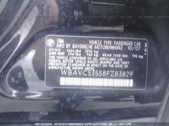 WBAVC53558FZ83829 - 2008 BMW 328 I SULEV BLACK photo 9