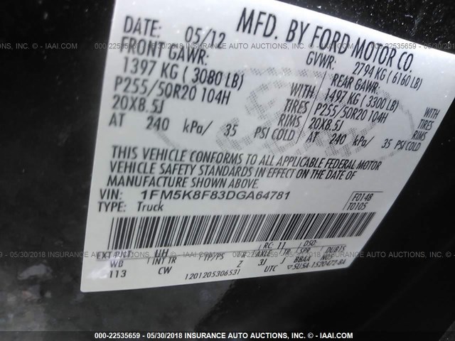 1FM5K8F83DGA64781 - 2013 FORD EXPLORER LIMITED BLACK photo 9