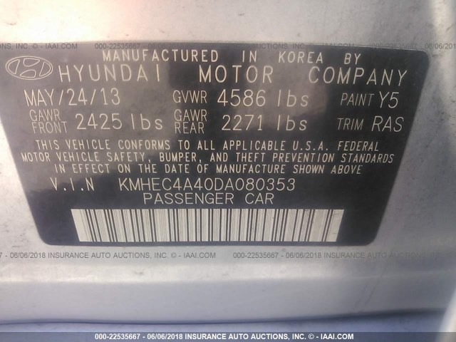 KMHEC4A40DA080353 - 2013 HYUNDAI SONATA HYBRID SILVER photo 9