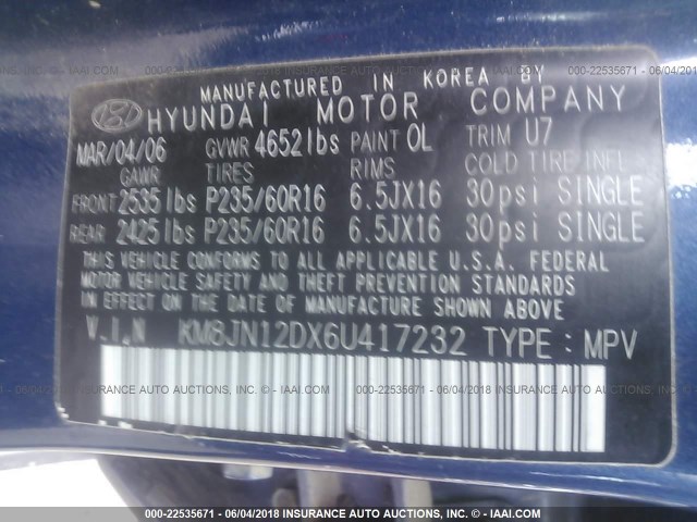 KM8JN12DX6U417232 - 2006 HYUNDAI TUCSON GLS/LIMITED BLUE photo 9