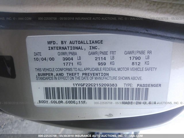 1YVGF22C215209383 - 2001 MAZDA 626 ES/LX TAN photo 9