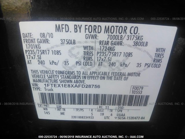 1FTEX1E8XAFD28756 - 2010 FORD F150 SUPER CAB BLACK photo 9