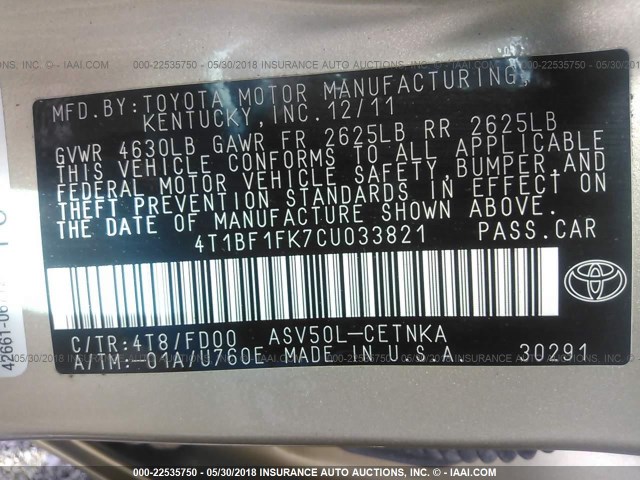 4T1BF1FK7CU033821 - 2012 TOYOTA CAMRY SE/LE/XLE 金色 照片 9