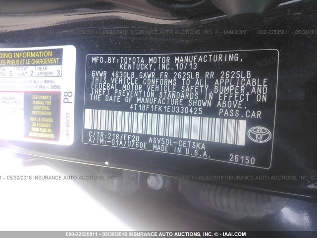 4T1BF1FK1EU330425 - 2014 TOYOTA CAMRY L/SE/LE/XLE 黑色 照片 9