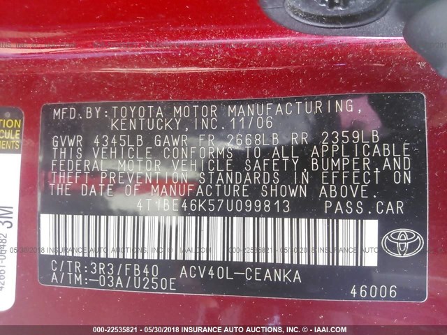4T1BE46K57U099813 - 2007 TOYOTA CAMRY NEW GENERAT CE/LE/XLE/SE RED photo 9
