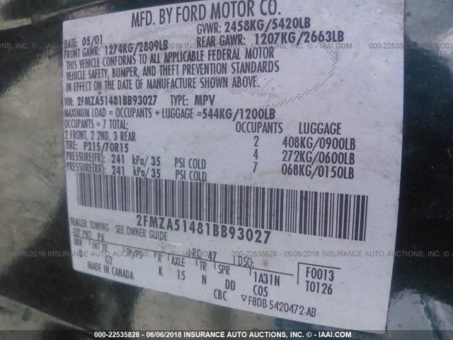 2FMZA51481BB93027 - 2001 FORD WINDSTAR LX GREEN photo 9