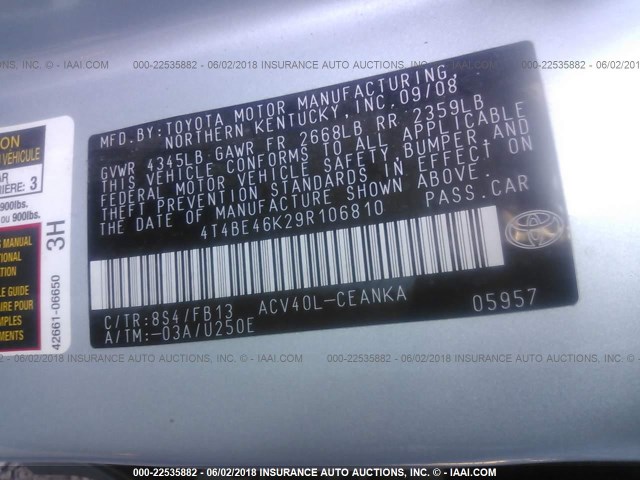 4T4BE46K29R106810 - 2009 TOYOTA CAMRY SE/LE/XLE 浅蓝色 照片 9