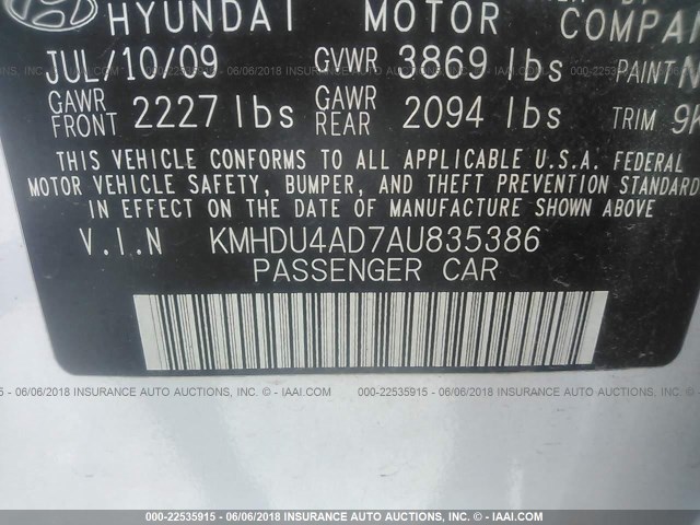 KMHDU4AD7AU835386 - 2010 HYUNDAI ELANTRA BLUE/GLS/SE WHITE photo 9