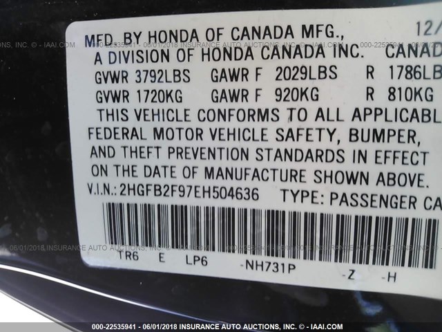 2HGFB2F97EH504636 - 2014 HONDA CIVIC EXL BLACK photo 9