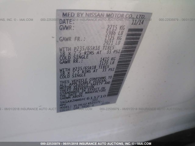 5N1AR2MM6FC615710 - 2015 NISSAN PATHFINDER S/SV/SL/PLATINUM 白色 照片 9