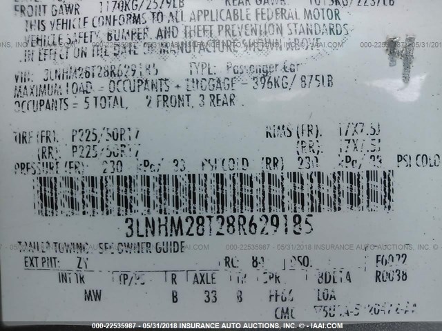 3LNHM28T28R629185 - 2008 LINCOLN MKZ ვერცხლისფერი ფოტო 9