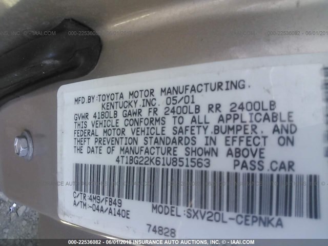 4T1BG22K61U851563 - 2001 TOYOTA CAMRY CE/LE/XLE GOLD photo 9