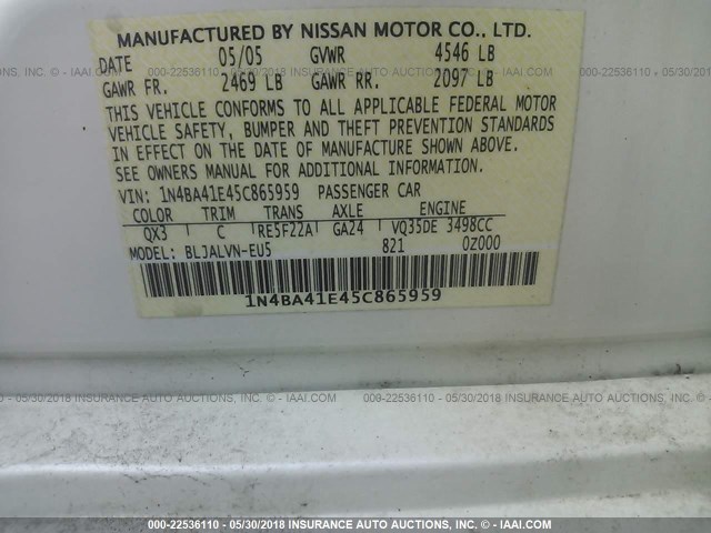 1N4BA41E45C865959 - 2005 NISSAN MAXIMA SE/SL WHITE photo 9