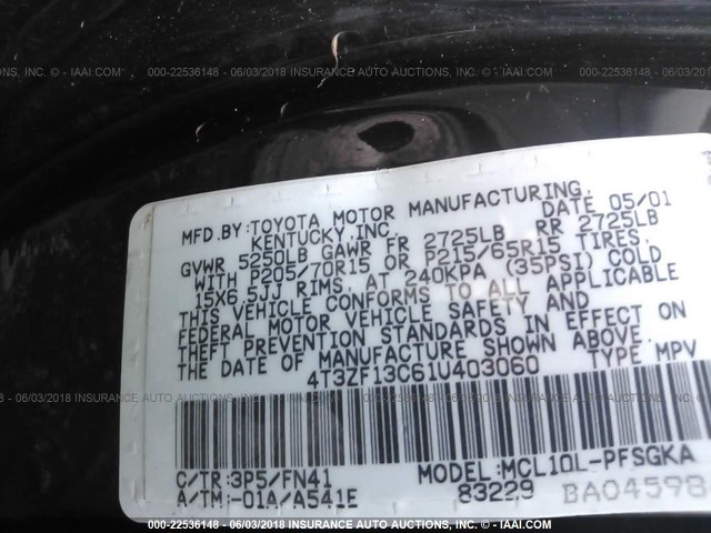 4T3ZF13C61U403060 - 2001 TOYOTA SIENNA LE/XLE 紫色 照片 9