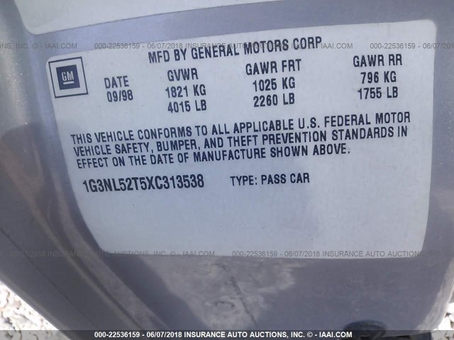 1G3NL52T5XC313538 - 1999 OLDSMOBILE ALERO GL SILVER photo 9