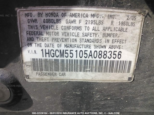 1HGCM55105A088356 - 2005 HONDA ACCORD DX GRAY photo 9