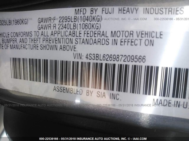 4S3BL626987209566 - 2008 SUBARU LEGACY 2.5I LIMITED GRAY photo 9