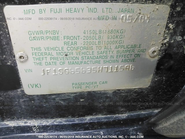 JF1SG65635H711596 - 2005 SUBARU FORESTER 2.5XS შავი ფოტო 9