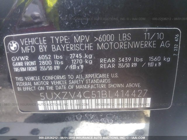 5UXZV4C51BL414427 - 2011 BMW X5 XDRIVE35I BLACK photo 9