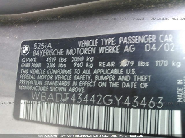 WBADT43442GY43463 - 2002 BMW 525 I AUTOMATIC GRAY photo 9
