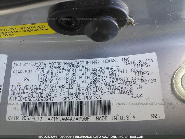 5TFLU4EN8EX093247 - 2014 TOYOTA TACOMA DOUBLE CAB ვერცხლისფერი ფოტო 9