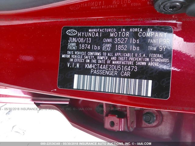 KMHCT4AE2DU516473 - 2013 HYUNDAI ACCENT GLS/GS RED photo 9