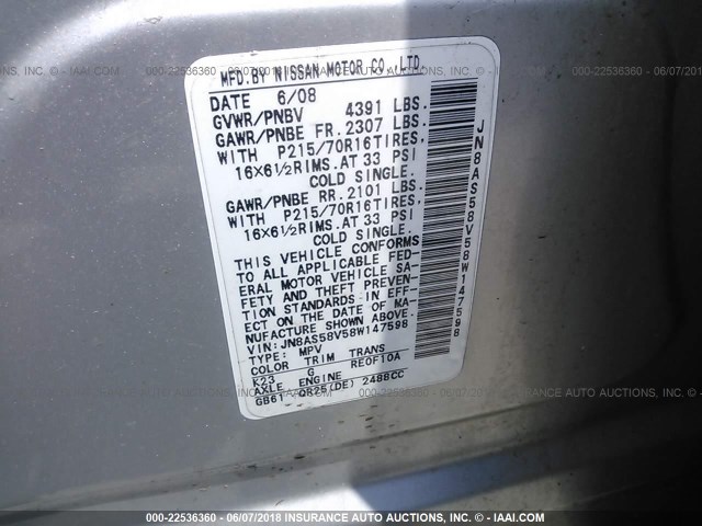 JN8AS58V58W147598 - 2008 NISSAN ROGUE S/SL SILVER photo 9