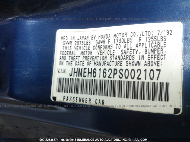 JHMEH6162PS002107 - 1993 HONDA CIVIC DEL SOL SI BLUE photo 9