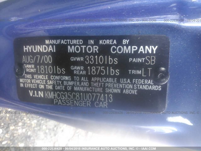 KMHCG35C81U077413 - 2001 HYUNDAI ACCENT GS BLUE photo 9