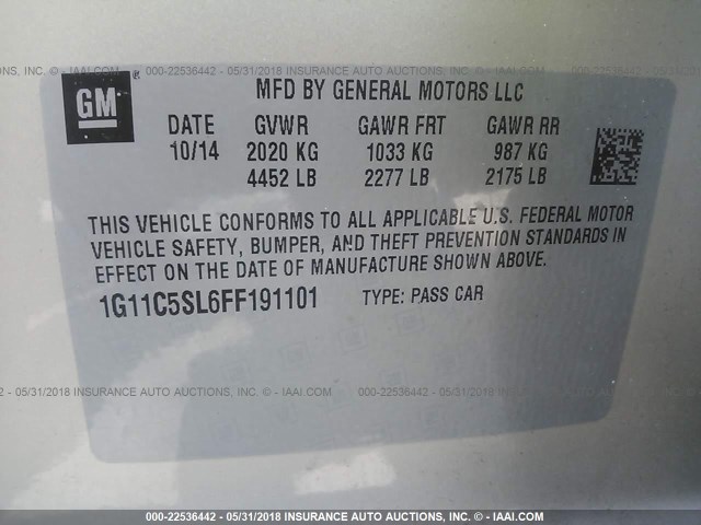 1G11C5SL6FF191101 - 2015 CHEVROLET MALIBU 1LT BEIGE photo 9