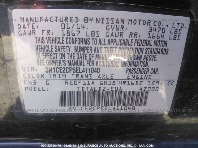 3N1CE2CP5EL411040 - 2014 NISSAN VERSA NOTE S/S PLUS/SV/SL BLACK photo 9