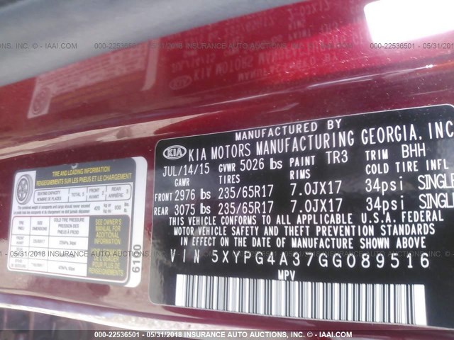 5XYPG4A37GG089516 - 2016 KIA SORENTO LX/L RED photo 9