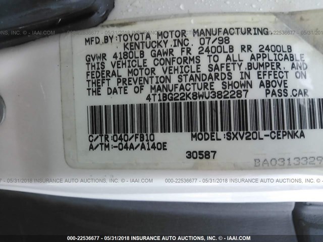 4T1BG22K8WU382287 - 1998 TOYOTA CAMRY CE/LE/XLE WHITE photo 9