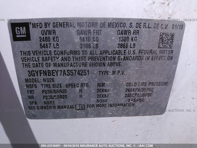 3GYFNBEY7AS574251 - 2010 CADILLAC SRX PERFORMANCE COLLECTION Ақ фото 9