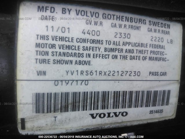 YV1RS61RX22127230 - 2002 VOLVO S60 BLACK photo 9