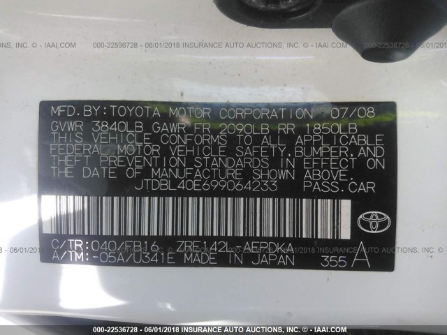 JTDBL40E699064233 - 2009 TOYOTA COROLLA LE/XLE WHITE photo 9