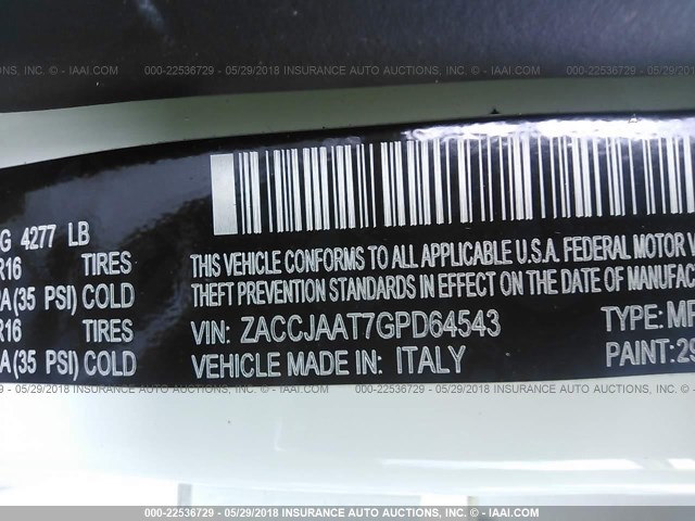 ZACCJAAT7GPD64543 - 2016 JEEP RENEGADE SPORT Սպիտակ լուսանկար 9