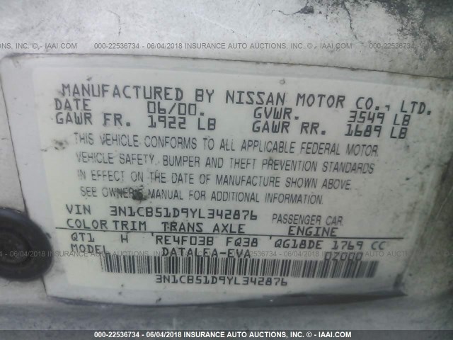 3N1CB51D9YL342876 - 2000 NISSAN SENTRA XE/GXE WHITE photo 9