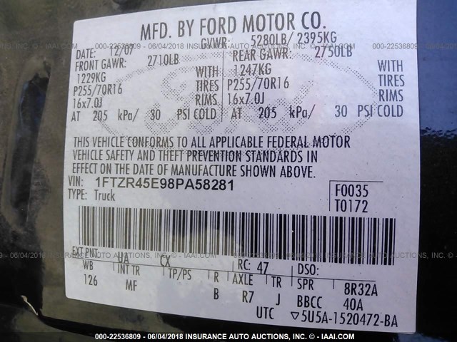 1FTZR45E98PA58281 - 2008 FORD RANGER SUPER CAB BLACK photo 9