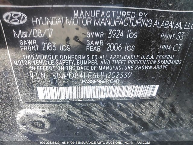 5NPD84LF6HH202339 - 2017 HYUNDAI ELANTRA SE/VALUE/LIMITED BLACK photo 9