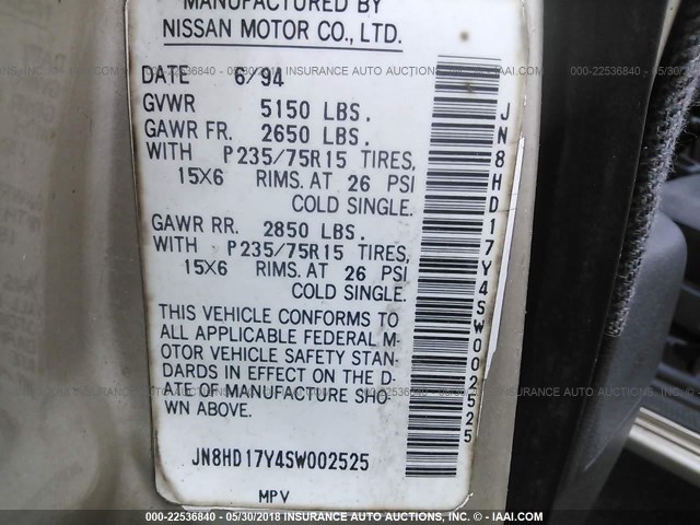 JN8HD17Y4SW002525 - 1995 NISSAN PATHFINDER LE/SE/XE GOLD photo 9