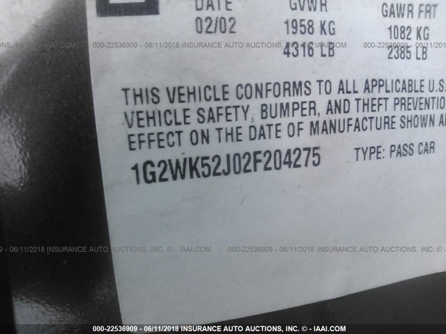 1G2WK52J02F204275 - 2002 PONTIAC GRAND PRIX SE ყავისფერი ფოტო 9